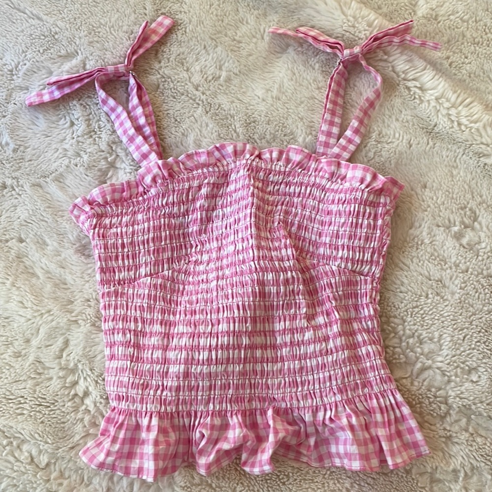 NWOT GUESS Women's Sleeveless Rihana Gingham Tank Top ruffle top with bows in XS - Picture 3 of 9